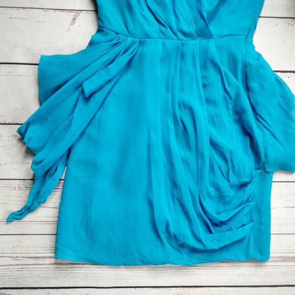 NWT TIBI One Shoulder Silk Chiffon Draped Cocktail Dress Turquoise 2 - Picture 7 of 8